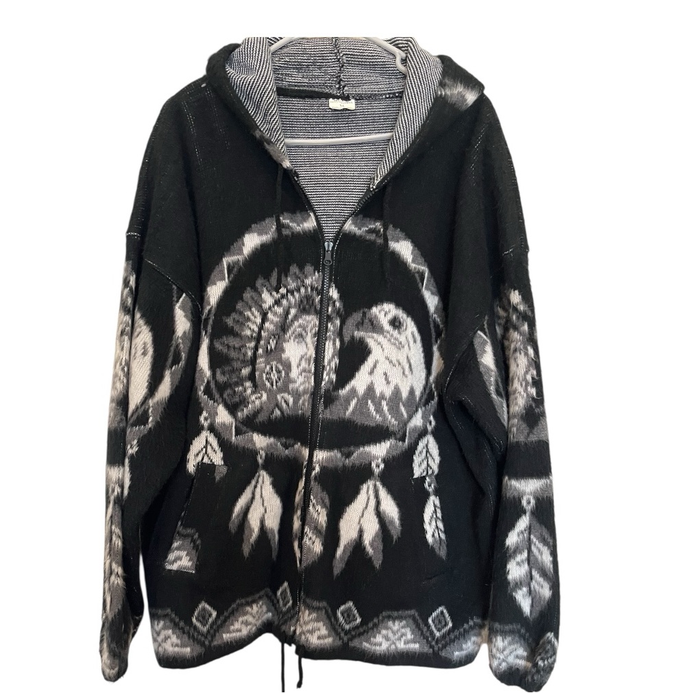 Eagle Native American Inspired Full Zip Wool Black Hooded Jacket Size Xl